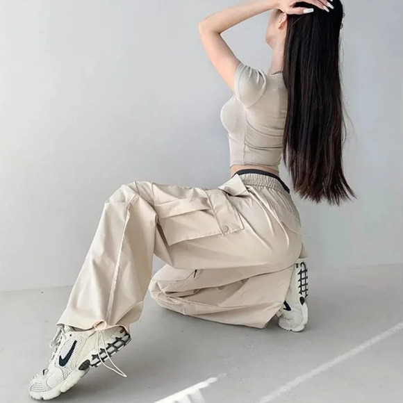 YesStyle Drawstring Street Cargo Pants, Tan & Gray, Size S Small - Picture 1 of 13
